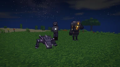 At night on a meadow: a hooded Waned with a splinter of light in its chest, a Slagcaster of glowing slag behind it and a Rivenmaw low in the grass, its seams lit violet.
