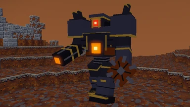 The Titan in the Firstfolk Wastes under a rust-brown sky: a war engine of black obitite trimmed in gold, one red lens, a glowing core, a cannon arm and a grinder wheel.