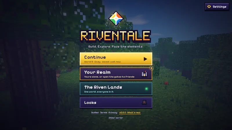 The Riventale title menu over a forest at dusk.