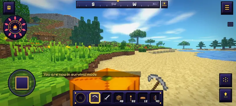 Riventale on a phone in landscape: the joystick at the bottom left, the jump button and the wheel button above it at the bottom right, the bag at the top left, the compass at the top and the menu button at the top right.