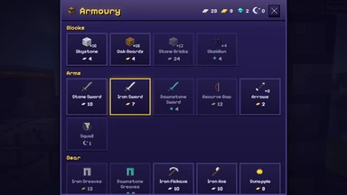 The Armoury window: blocks, arms, gear and the team’s upgrades, each ware with its price in iron, gold, Dawnspar or Wanestone.