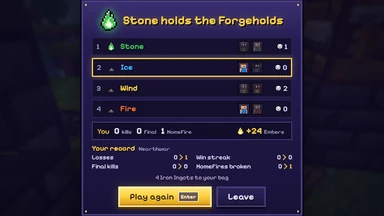 The results of a Forgebreak round: the winning team’s flame, the four teams with their players and kills, your Embers and your record.