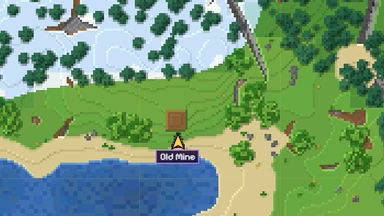 The Wayfarer’s Atlas: forest, snowfields, a lake and sand as you walked them, the cairn Old Mine marked by its arrow.