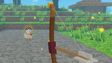 A Recurve Bow drawn in first person, aimed at a chicken, the marks round the crosshair filling.