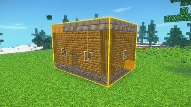 A cottage of boards and fieldstone in a meadow, framed by the Lens in a gold box, its corners marked.