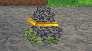A cairn on a stone floor: fieldstones stacked on mossy footings, bound with a gold band.