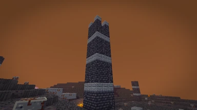 The Cinderwrack under the Firstfolk Wastes’ rust-red sky: a burnt tower of slate brick over black crust, magma glowing at its foot.