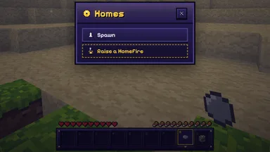 The Homes window over the world, opened from the compass in hand: Spawn, and Raise a Homefire.