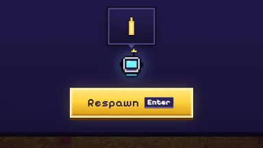 The death screen’s gold Respawn button with its Enter key cap, under Rivet’s hint.