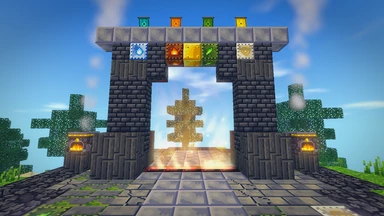 The Hearthgate near the spawn: a dark stone arch, the four Elements burning in its lintel, ember light between its pillars.