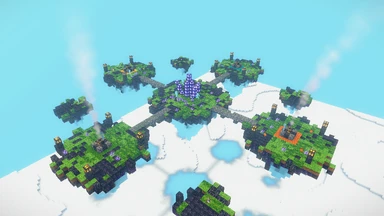 The Riven Isles from above: four broken isles round the shattered Crystal, bridges between them, the cloud sea far below.