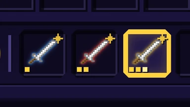 Enhanced blades shimmering by their level: blue for I, red for II, gold for III.