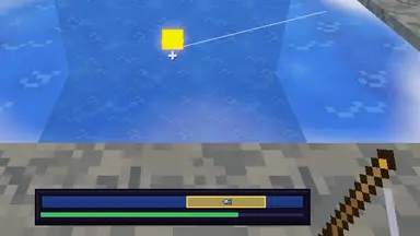 Reeling in a fish: the gold band on the bar over the hotbar, the line running out to the water.