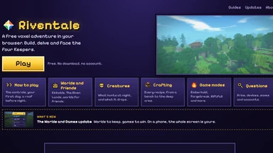 The front page of riventale.world: the name, Play, and cards for the guides.
