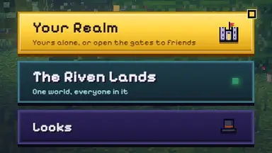 The title menu’s doors: Kinholds, The Riven Lands and Looks.