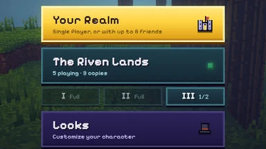 The title menu: The Riven Lands, 5 playing in 3 copies, and under it the room list: I Full, II Full, III with room.