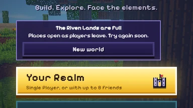 The title menu: The Riven Lands are full, places open as players leave, and one button, New world, above Kinholds.