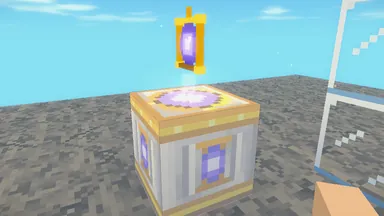 A Firstfolk Lens Lectern: a chalkstone pedestal banded in gold, its violet lens floating above it in a gold ring.