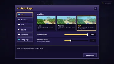 Settings open over the title menu: Video, Controls, HUD, Sound, Comfort and Language.