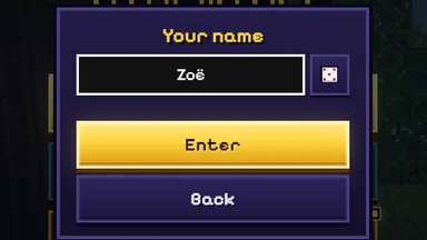 The name prompt: your name, a die to roll one, Enter and Back.