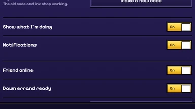 Settings, Account: Notifications On, and under it Friend online On and Dawn errand ready On.