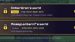 Two private worlds in the list, each with its invite code.