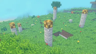 A Firstfolk Reliquary on open grassland: pale pillars capped in brass round a stair down.