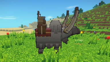 A Roadhorn in a meadow of flowers: a shaggy grey pack beast, plough horns swept forward, the old travellers’ kit on its back.