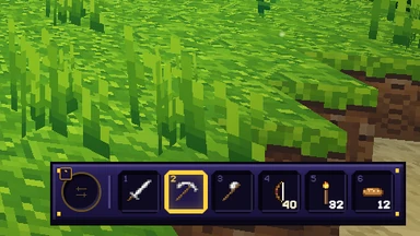 Bottom right, a stone satchel: a round gold-rimmed socket for the off hand, then six sockets, the pickaxe’s rimmed in gold.