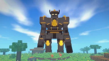Blazewrought, a Shardborn of dark stone veined with fire, 48 blocks tall, standing over the land, a player at its feet.