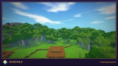 A shared picture: a great forest under a blue sky, a cabin roof below, framed in night-purple with the Riventale mark.