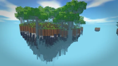 Grassy islands with trees floating over an open sky, their rocky undersides hanging down into the blue.