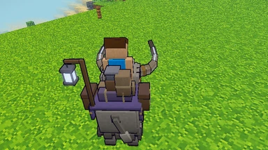 A rider in the saddle of a Roadhorn on open grass, its horns sweeping up and its lantern lit, seen from behind.