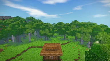 A great forest of oaks and birches round a sunlit glade, the roof of a cabin below.