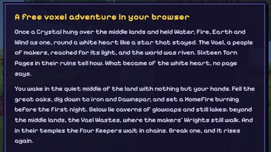 Below Riventale’s title menu, a night-purple panel edged in gold: the tale of the Crystal and its white heart, what waits in the land, and gold links to the guides.