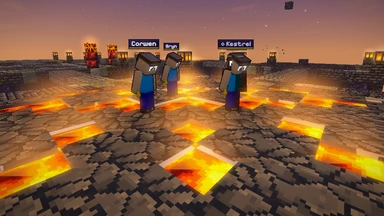 The Sundered Halls at the sun’s last light: players in borrowed bodies over cracking floors, lava glowing in the vents below.