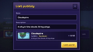 List publicly for Cloudspire: its name, a line of its tale, and the row it will show on the list, List world in gold.